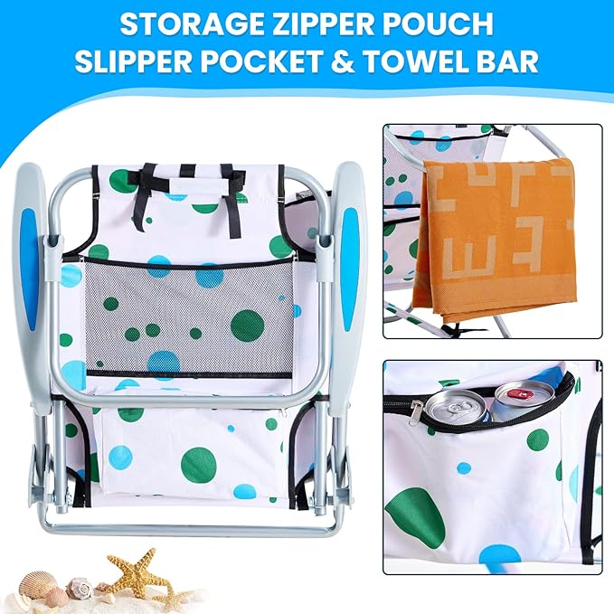 2 Pack Lightweight Portable Camping Beach Chair for Adults Lay Flat Folding Beach Chairs with 5 Positions Backpack Beach Chair with Towel Bar Zipper Pouch Cup Holder Geometric Circle