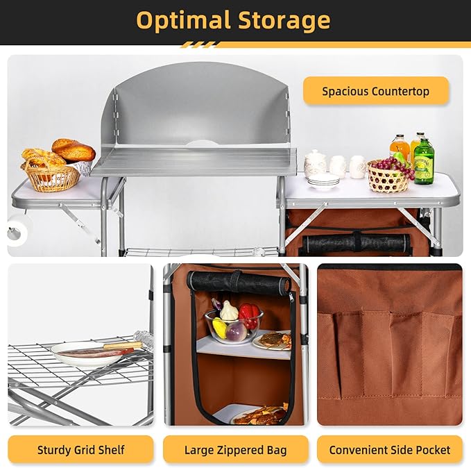GYMAX Aluminum Portable Camping Kitchen Folding Cooking Table with 26 Tabletop Detachable Windscreen &amp Carrying Bag Outdoor Grill Table for BBQ Backyards