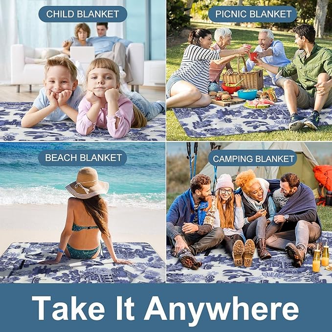 Blue and White Ancient Chinese Folk Chinoiserie Style Waterproof Outdoor Picnic Blanket Sandproof Beach Mat for Camping Hiking Grass Travelling