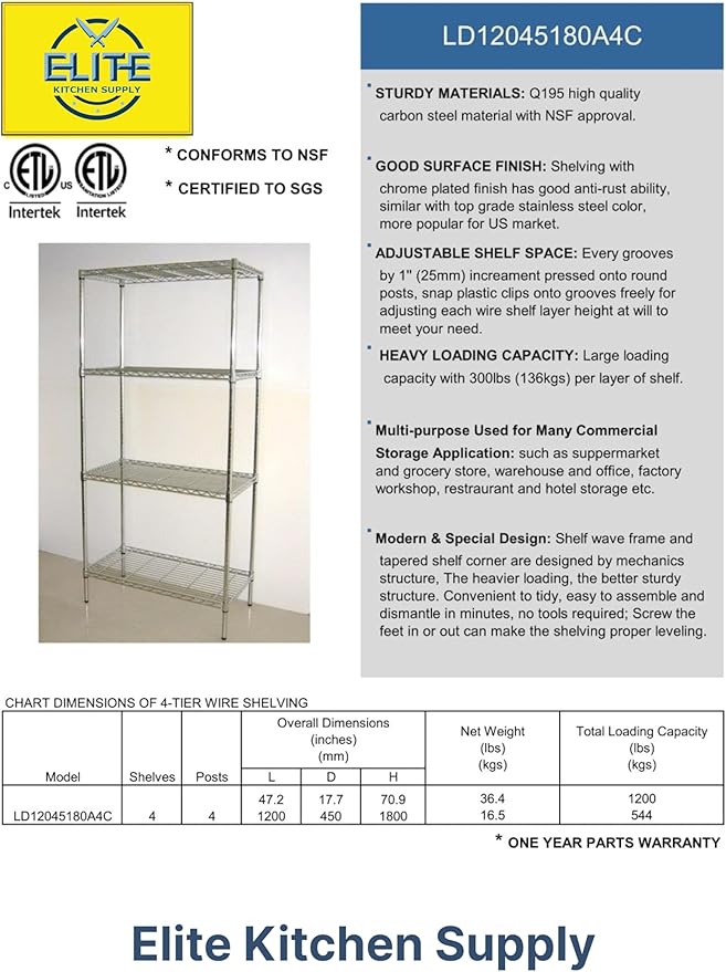 Commercial Chrome Wire Shelving Rack 4 Tier Wire Shelf for Storage All Stainless-steel Heavy Duty W48xD18x H71 ETL