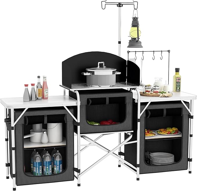 Outsunny Camping Kitchen Table Portable Folding Camp Kitchen Aluminum Cook Station with 3 Fabric Cupboards Windshield Carrying Bag for BBQ RV Picnic Black