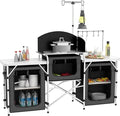 Outsunny Camping Kitchen Table Portable Folding Camp Kitchen Aluminum Cook Station with 3 Fabric Cupboards Windshield Carrying Bag for BBQ RV Picnic Black