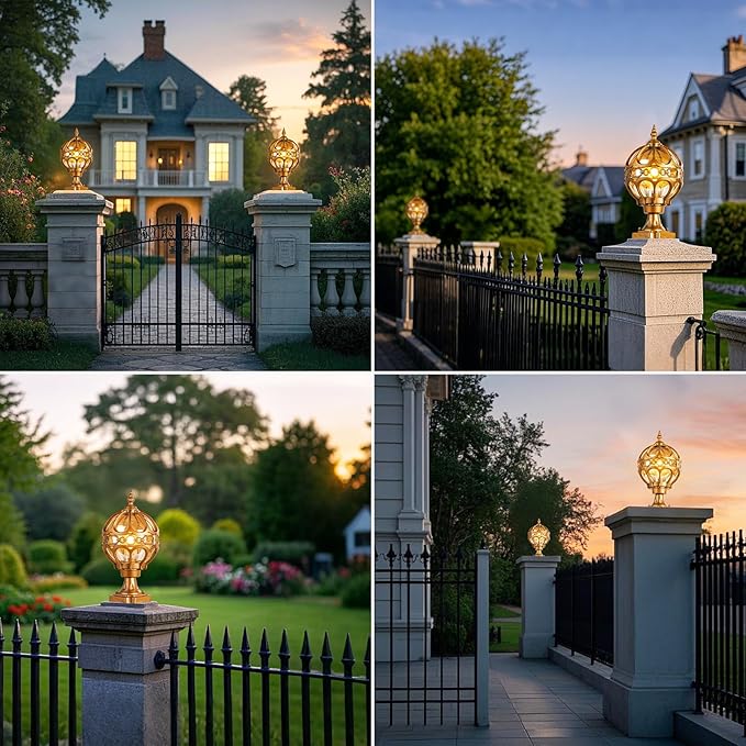 2Pack Dusk to Dawn Gold Outdoor Post Lights Exterior Waterproof Rustproof Sphere Outside Post Lamps Fixture Farmhouse Aluminum Pillar Lantern for Porch House Pathway Fence Yard Garden Patio