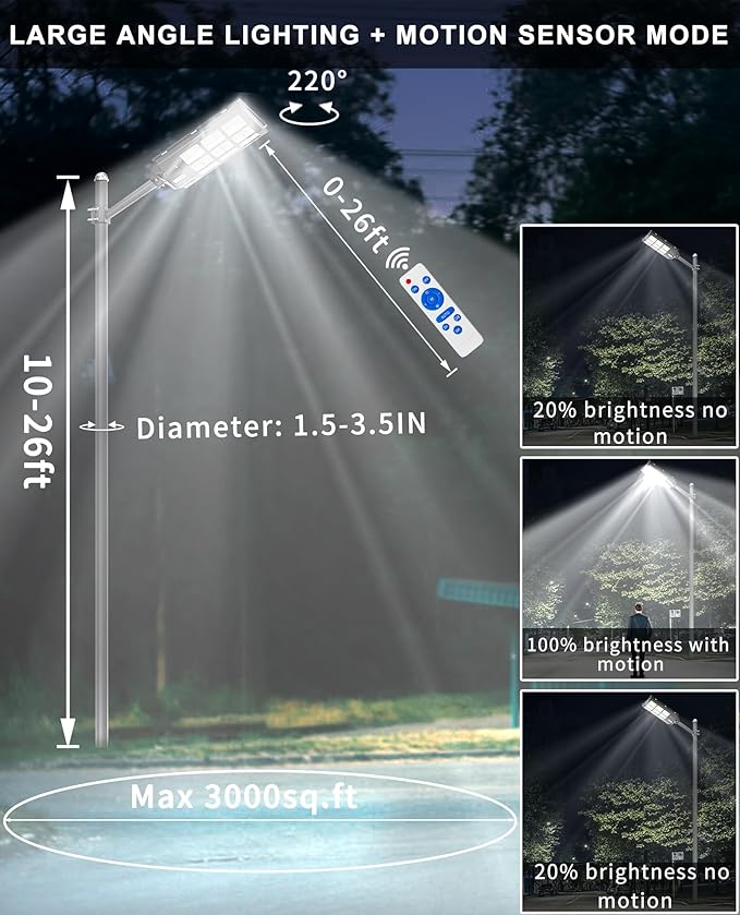 JAYNLT Y-3600W Solar Street Lights Outdoor360000LM 6500K Parking Lot Lights Commercial Waterproof Dusk to Dawn Solar Security Flood Lamps Motion Sensor for DrivewayBasketball Court