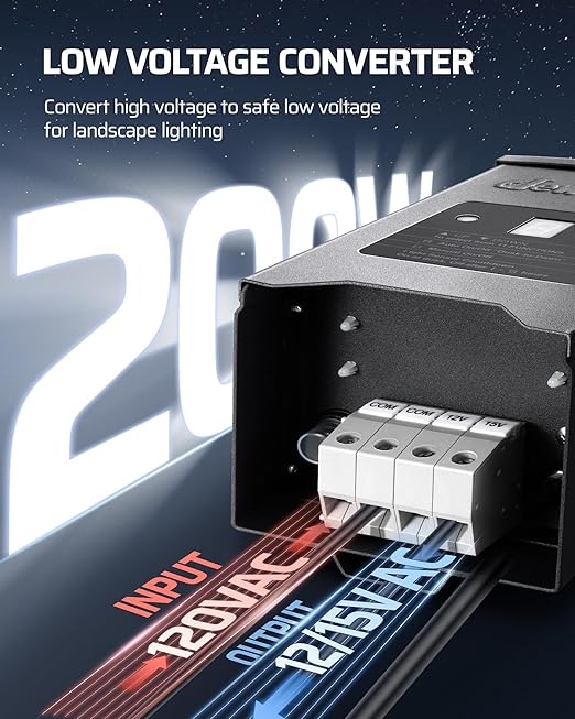 DEWENWILS 200W Weatherproof Low Voltage Landscape Lighting Transformer 120V to 12/15V AC Metal Low Voltage Landscape Transformer with Photocell &amp Timer Multi Zone Landscape Lighting Transformer