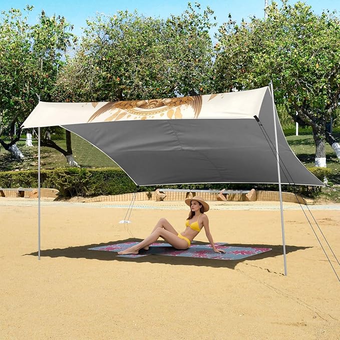 ALAZA Gold Owl Print Beach Tent Sun Shelter UPF50+ Protection Beach Shade Canopy w/ 4 Sandbags for Outdoor Camping Fishing Backyard Fun Picnic 10x9 ft