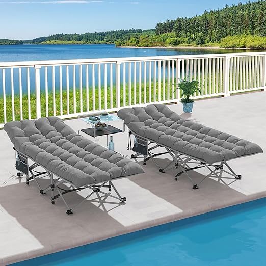 DWVO 2PCS Camping Cots Portable Recliner Lounge Chair w/Mattress Outdoor Folding Cot Heavy Duty 575 LB Capacity 1200D Oxford w/Carry Bag Travel Camp Bed for Camping Office Traveling Grey