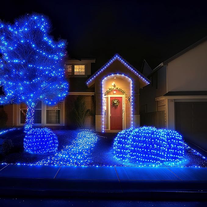 BlcTec Outdoor Christmas Lights 360 LED 9.8ft x 6.6ft Christmas Net Lights with 8 Modes UL Certified Timer Connectable Waterproof for Trees Bushes Shrubs Yard Outdoor Xmas Decorations Blue
