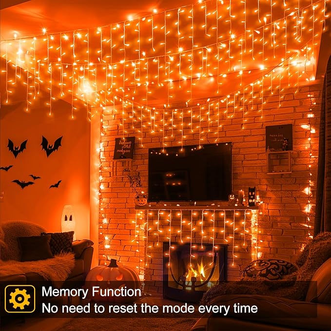 66ft Orange Halloween Lights Outdoor 640LED Icicle Lights for Outside Indoor Twinkle Christmas Light with Connectable Clear Wire 8 Modes Timer Waterproof for House Party Tree Holiday Yard Patio Decor