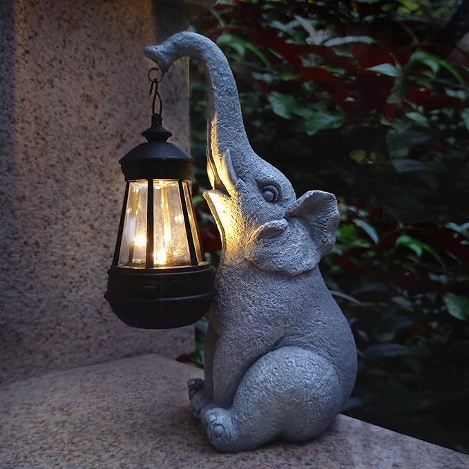 Elephant Solar Garden StatuesResin Elephant Figurine Decorations with Solar Lights Lantern Outdoor Figurines Lawn Garden Statue Decor Art for LawnYard Balcony Ornament.