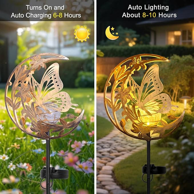 ShangTianFeng Butterfly Lights Outdoor Decor - Moon &amp Bird SolaGardenLights Waterproof Auto On/Off Pathway Lighting for Yard/Lawn/Patio Handcrafted Metal Solar-Stake-Lights for Outside Decoratio