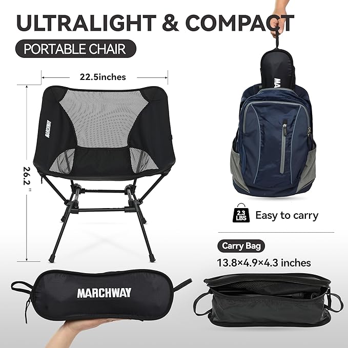 MARCHWAY Ultralight Folding Camping Chair Heavy Duty Portable Compact for Outdoor Camp Travel Beach Picnic Festival Hiking Lightweight Backpacking (Black)