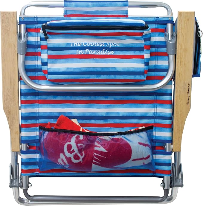 Tommy Bahama 5-Position Classic Lay Flat Folding Backpack Beach Chair Aluminum Red White and Blue Stripe