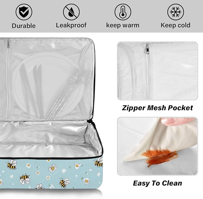 Casserole Carrier Cartoon-style Small BeesInsulated Casserole Carrier for Hot or Cold Food Thermal Lunch Tote for Potluck Parties Picnic Beach Fits 9 x 13 Inches Baking Dish