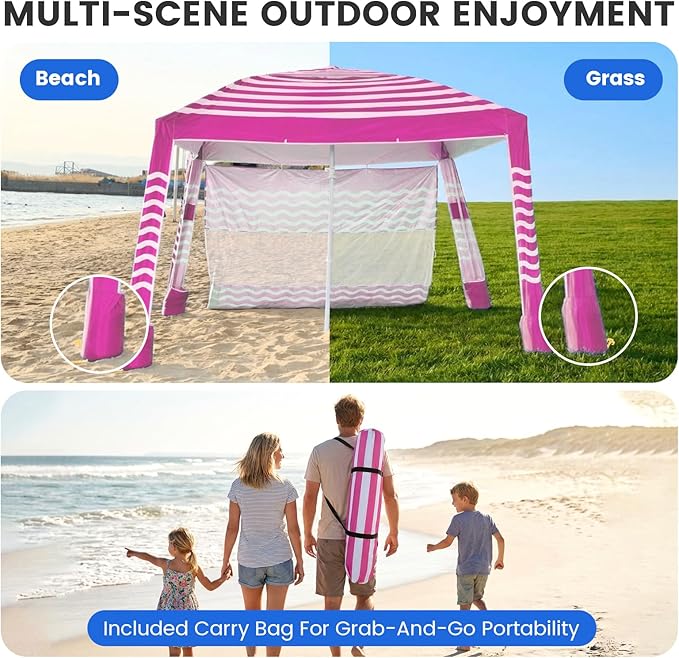 Zeraty Beach Cabana 8'×8' Portable Beach Canopy with Side Wall Easy Pop Up UPF 50+ Silver-Coated Beach Tent Sun Shelter Wind Resistant Adjustable Height Beach Umbrella Tent for Family Pink