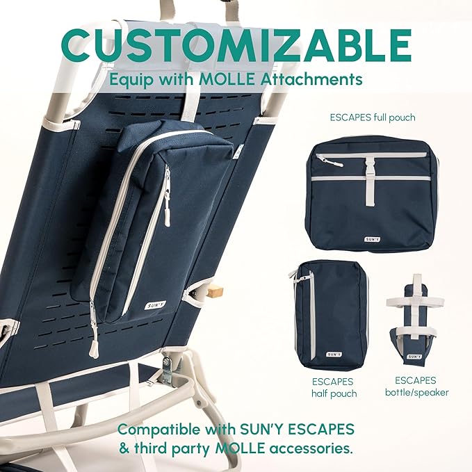 SUN'Y Escapes Backpack Beach Chair - Made w/Ocean Bound Plastics Customizable w/MOLLE Accessories Ultra Lightweight Low-Seat Natural Comfort Durable Rust Free &amp Waterproof - Sea Green
