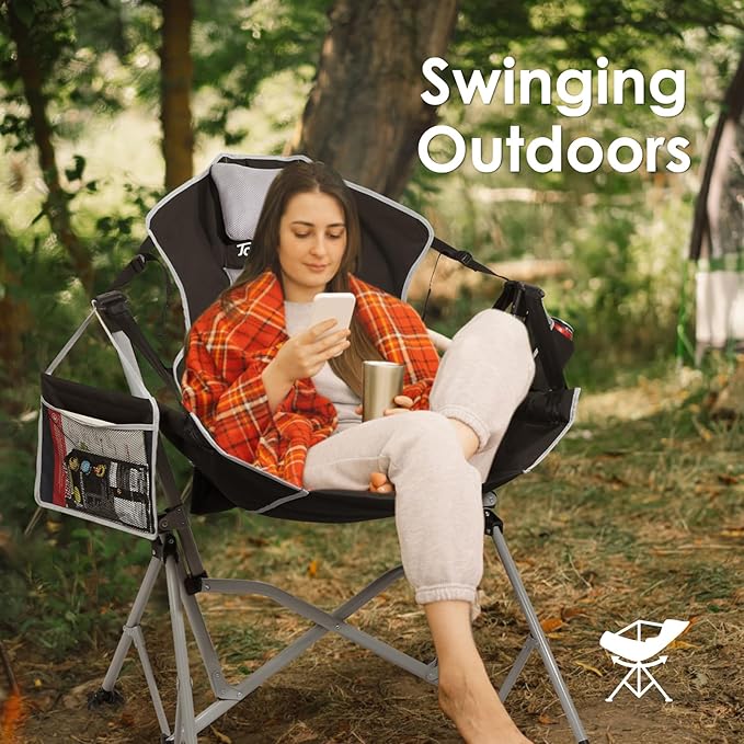 Oversized Hammock Camping Chairs Folding Swing Chair with 1-Step Design Swinging Hammock Chair with Adjustable Backrest Lumbar Support &amp Headrest for Outdoor&ampIndoor Support 400LBS Black