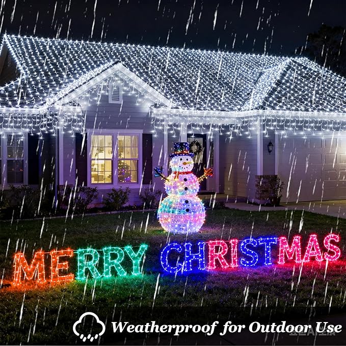 612 LED String lights Indoor Outdoor 60ft Christmas Window Lights with 136 Drops 12 Modes Dimmable Curtain Lights Fairy Lights for Bedroom Holiday Wedding Party Home Xmas Decorations Cool White