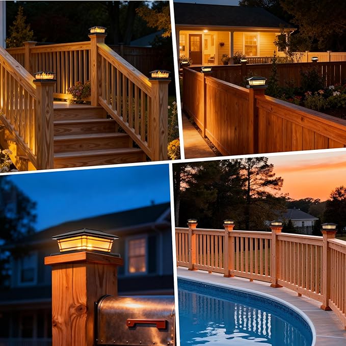 Flame Solar Post Cap Lights Flickering Flame &amp Warm Light Solar Deck Post Lights Waterproof Fence Post Lights for Garden Yard Porch Patio for 4x4 5x5 6x6 Vinyl/Wooden Posts 4 Pack Black