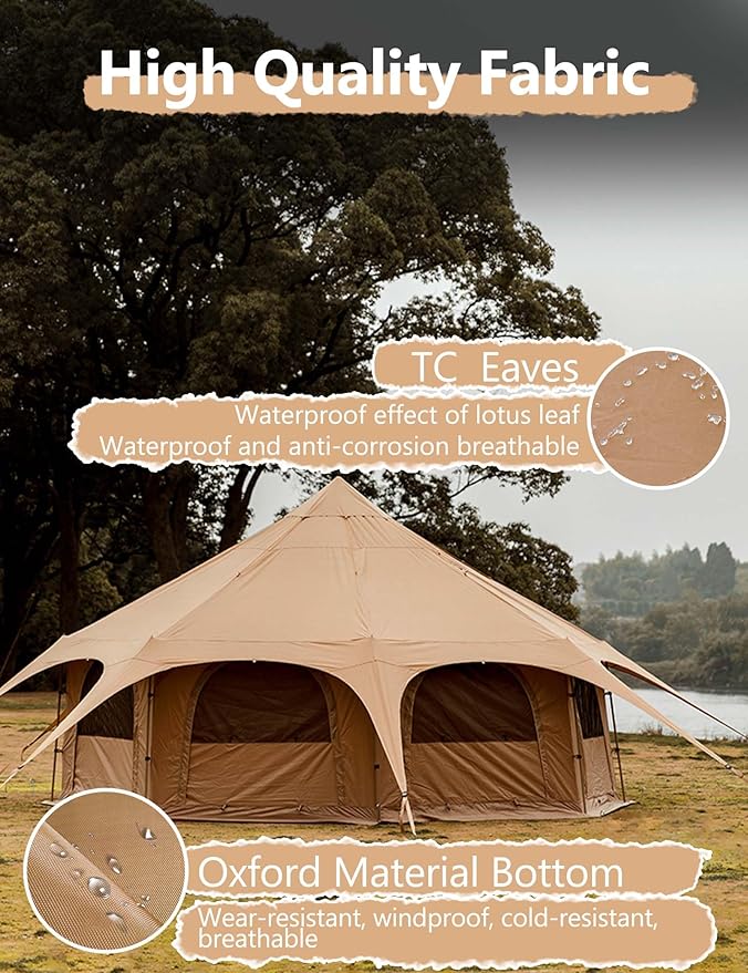 Thcbme 5M Cotton Canvas Bell Tent - Yurts with Stove Jack Windproof Breathable Shade Family Camping Travel Group Activities 4 Season Polyester (6-10People) Khaki 16.4ft (MXT16.4ft-KQ)