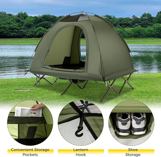 GYMAX 2-Person Tent Cot 3 in 1 Folding Off-Ground Cot Bed Combo with Portable Wheeled Bag Waterproof Rainfly 2 Mesh Doors &amp Skylight Roof for Hiking Backpacking Outdoor