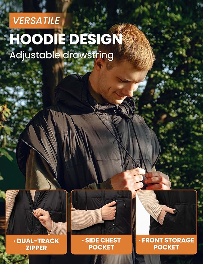 Adult Wearable Sleeping Bag with Hoodie Sleeveless Design Adjustable Drawstring Waterproof Wearable Sleeping Bag Ideal for Camping Cold Weather