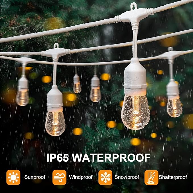 Mlambert 96FT(2x48FT) 3-Color in 1 Dimmable Solar String Lights Outdoor Remote Patio String Lights with 30+5 LED Bulbs for Pergola Outside-White Cord