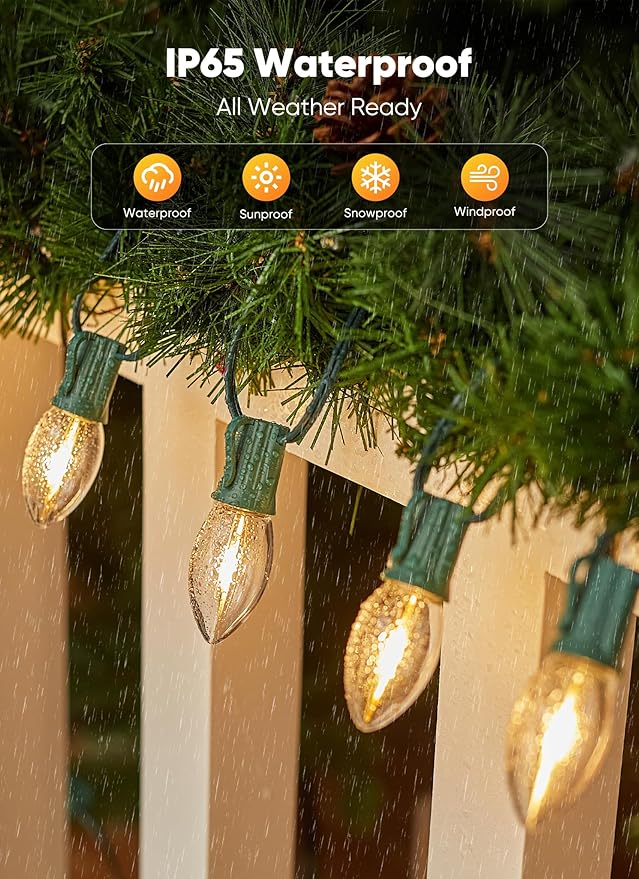 Vintage C9 LED Christmas Lights Outdoor 100 Feet C9 String Lights with 100 LED C9 Plastic Bulbs Waterproof Connectable Lights for Christmas Tree Roofline Garden Patio Backyard Decor Warm White