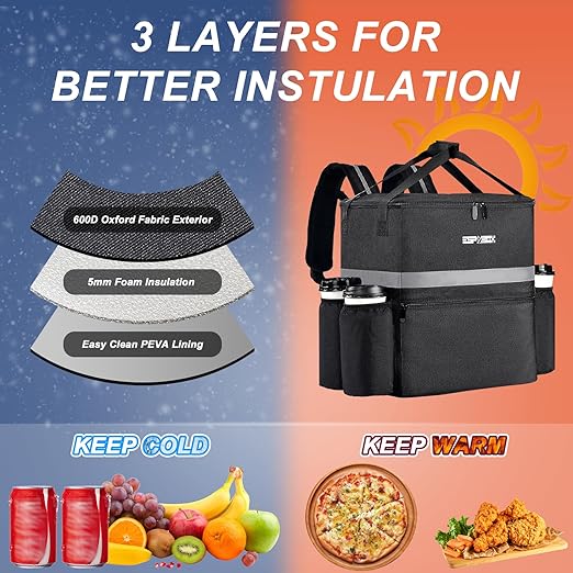 Food Delivery Backpack with Cup Holder Insulated Pizza Delivery Bag for Bike Hot/Cold Bag for Food Delivery for Uber Eats Doordash Postmates Leakproof Reflective Strip（Black）