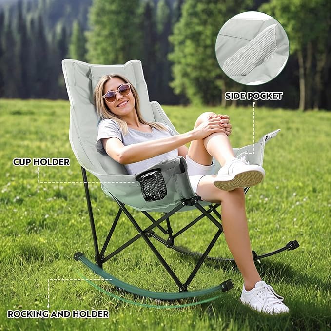 VITESSE Oversized Rocking Camping Chair Luxury Padded ReclinerOversized Folding Lawn Chair with Pocket and Carry BagOutdoor Camp Rocker Chairs for Adults Heavy Duty 300 LBS (Grey)