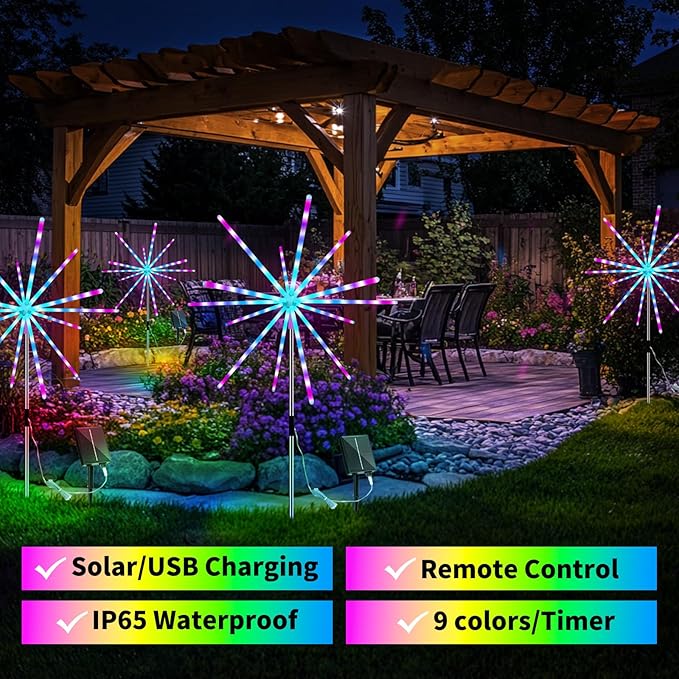 Solar Firework Lights Outdoor 9 Colors 16 Modes Solar Garden Light Waterproof Solar Powered Starburst Light for Party Wedding Holiday Decoration Meteor Lights 2 Pack