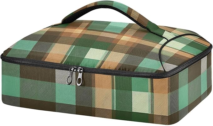 Casserole Carrier Green Brown Tartan Plaid Print Insulated Casserole Carrier for Hot or Cold Food Thermal Lunch Tote for Parties Picnic Travel Carry Bag
