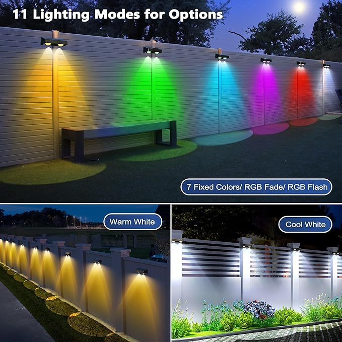 Brizled 16 Pack Fence Solar Lights 11 Modes &amp 9 Colors - Warm White/Cool White/RGB Color Changing IP65 Waterproof Outdoor Wall Lights 100 Lumens Outdoor Solar Deck Lighting for Railing Wall Fenc