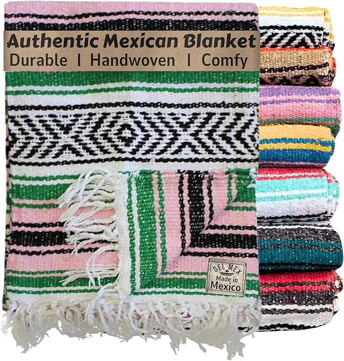 Del Mex Classic Mexican Blanket Large Authentic Woven Falsa Throw (70x50) Artisan Southwest Décor for Beach Yoga Outdoors (Green/Pink)