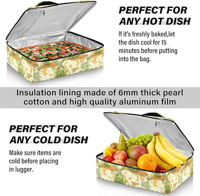 Casserole Carrier Mushroom and FrogInsulated Casserole Carrier for Hot or Cold Food Thermal Lunch Tote for Potluck Parties Picnic Beach Fits 9 x 13 Inches Baking Dish