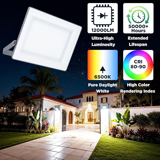 100W 12000LM Flood Lights Outdoor Bright LED Work Light with Plug 6500K Daylight White LED Flood Lighting Security Yard Lights Waterproof for Garage Yard Porch 2 Pack