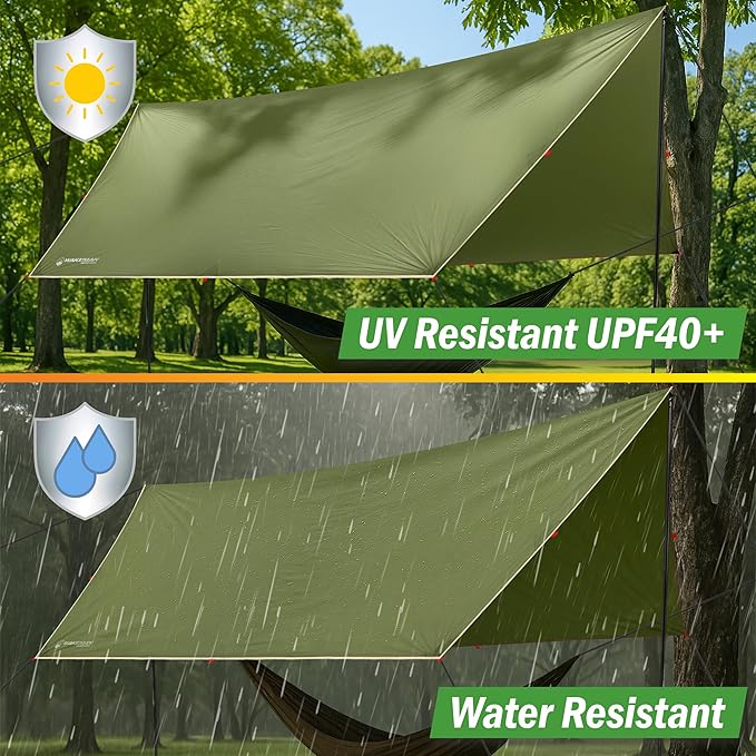 Camping Tarp with Poles - 15x12 Tarp for Camping or Hammock Rain Fly for Hiking Backpacking or Portable Survival Shelter UV Protection and 3000mm Water Resistant by Wakeman Outdoors (Green)