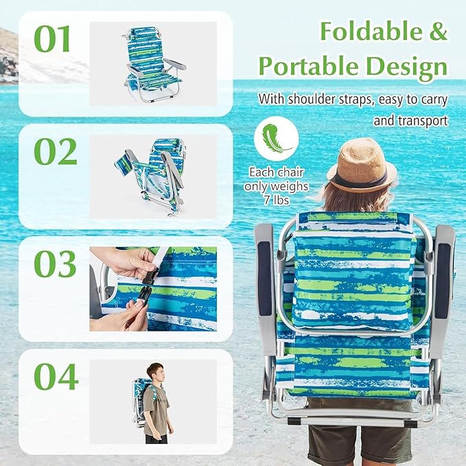 COSTWAY Backpack Beach Chair Foldable Camping Chair with 5 Adjustable Position Cup Holder Storage Pockets Straps Towel Rack Pillow for Patio Outdoor (Blue and Green Stripe1)