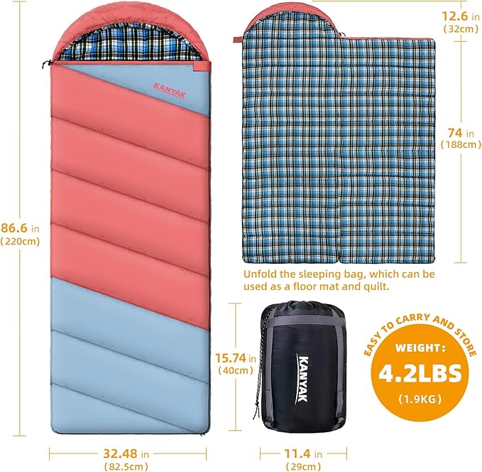 Cotton Flannel Lined Sleeping Bag for Adults Teens Kids Cold Weather &amp Warm 3 Seasons Lightweight Compact Camping Essentials Equipment Hiking Outdoor Travel
