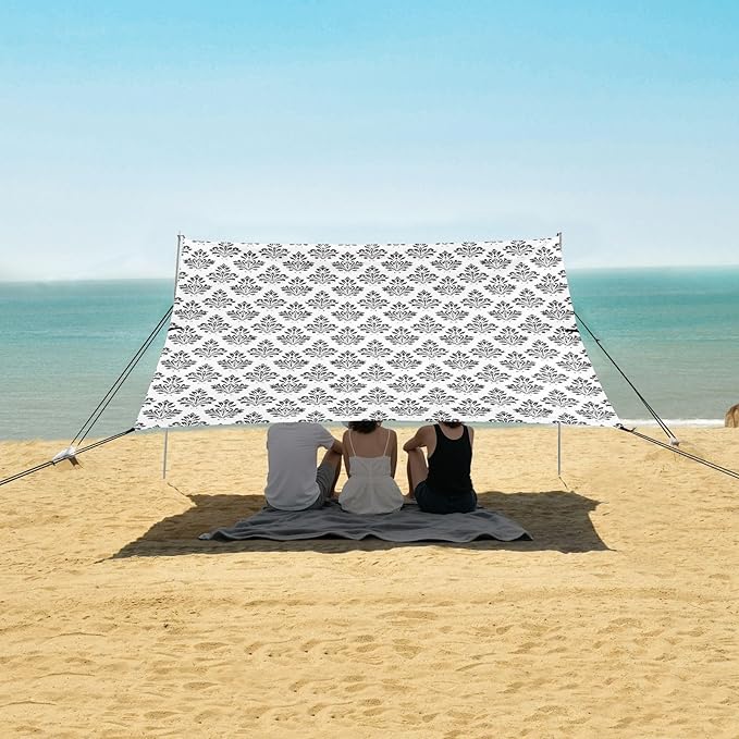 ALAZA Black Damask Floral Beach Tent Sun Shelter UPF50+ Protection Beach Shade Canopy w/ 4 Sandbags for Outdoor Camping Fishing Backyard Fun Picnic 10x9 ft