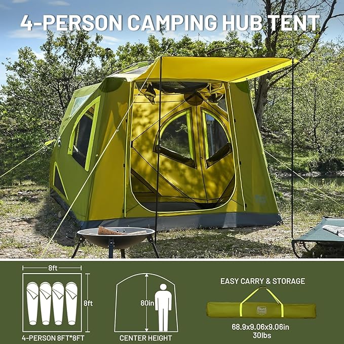 TIMBER RIDGE Camping Tent 4 Person Instant Pop Up Hub Tent with 8 Windows Easy 60 Second Setup Weather Resistant Family Cabin Tents with Rain Fly for Camping Hiking Outdoor Travel