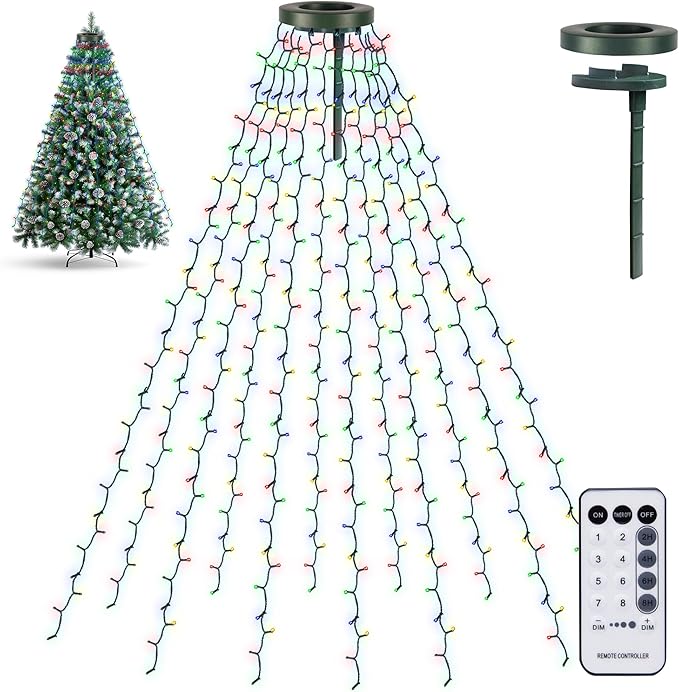 TW SHINE Christmas Tree Lights 448 LED Christmas Waterfall Tree Topper Lights with 8 Lighting Modes &amp Remote 8.2FT X 16 Lines String Light for Indoor Outdoor Party Xmas Decoration Multi-Colored