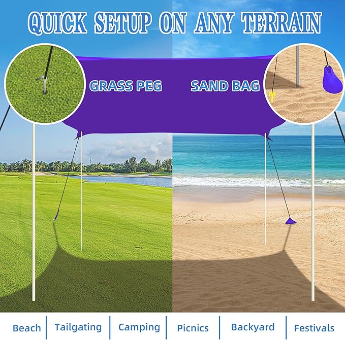 UMARDOO Family Beach Tent Canopy Sun Shade Portable 10×10FT Large Wind Resistance Beach Sun Shelter Easy Setup with Packable Carry Bag for Outdoor Travel UPF 50+(Purple)