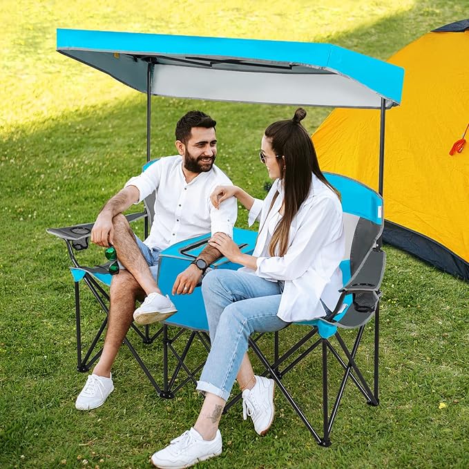 Tangkula Loveseat Camping Chair with Adjustable Shade Canopy Portable Beach Chair with Cooler Bag 2 Cup Holders Carrying Bag Foldable Double Lawn Chair for Travel Fishing Picnic (Blue)