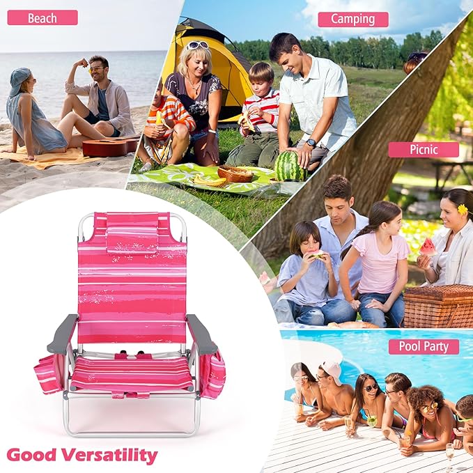 Goplus Beach Chair Folding Backpack Beach Chairs for Adults with 5 Positions Head Pillow Cooler Bag Towel Bar Cup Holders Sunbath Sling Tanning Lounge Foldable Layout Camping Chairs