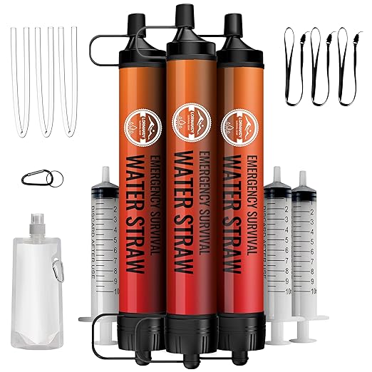 Emergency Water Filter Straw Personal Survival Water Filtration System Water Purifier Outdoor Survival Gear and Equipment for Hiking Camping Accessories Cycling Fishing Preparedness (3PCS)