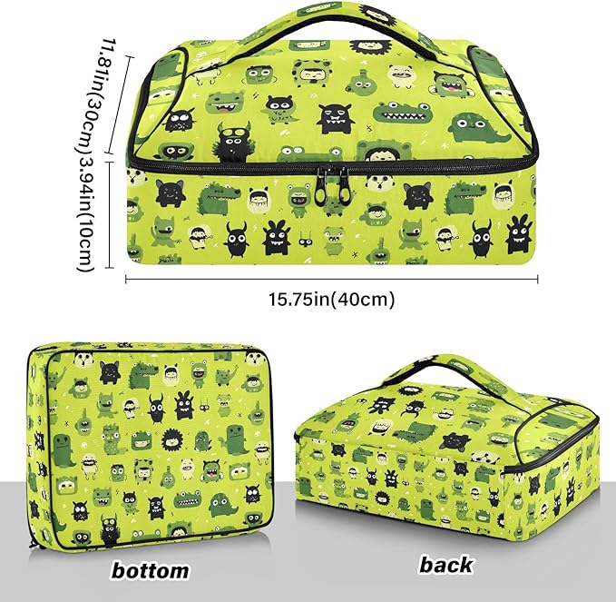 Casserole Carrier Green DinosaursInsulated Casserole Carrier for Hot or Cold Food Thermal Lunch Tote for Potluck Parties Picnic Beach Fits 9 x 13 Inches Baking Dish