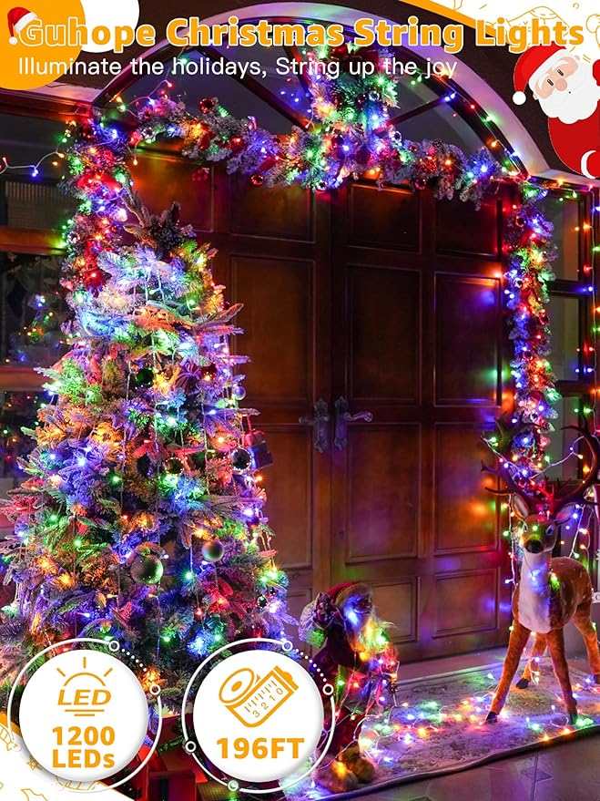 Christmas String Lights Indoor 1200LED 196FT Waterproof Outdoor String Lights with Remote and Timer 8 Modes Dimmable Christmas Lights for Indoor Outdoor Party Holiday Decorations (Multicolor)