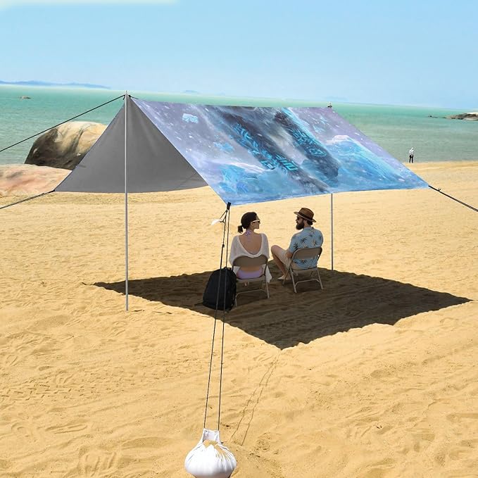 ALAZA Snow Wolf Beach Tent Sun Shelter UPF50+ Protection Beach Shade Canopy w/ 4 Sandbags for Outdoor Camping Fishing Backyard Fun Picnic 10x9 ft