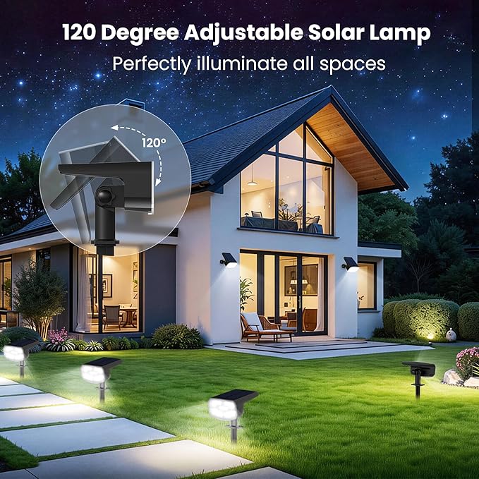 Solar Lights Outdoor Waterproof IP65 Super Bright LED 6500K 2 Lighting Modes Solar Powered Yard Garden Solar Spot Lights for Outside Landscape Auto On/Off -4 Pack